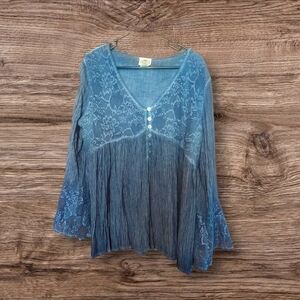 Rod's Western Wear Top Lace Chiffon Embroidered Flare‎ Sleeve Blue. SZ XL Hi Low